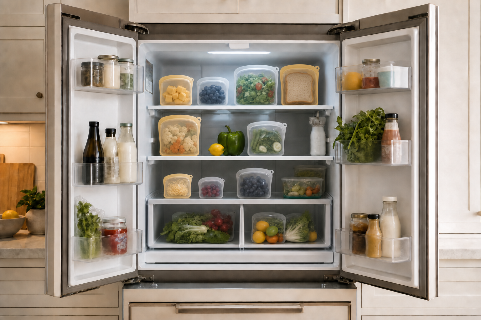 The refrigerator after organizing food into a coordinated set of authentic yellow and white Orbint storage bags