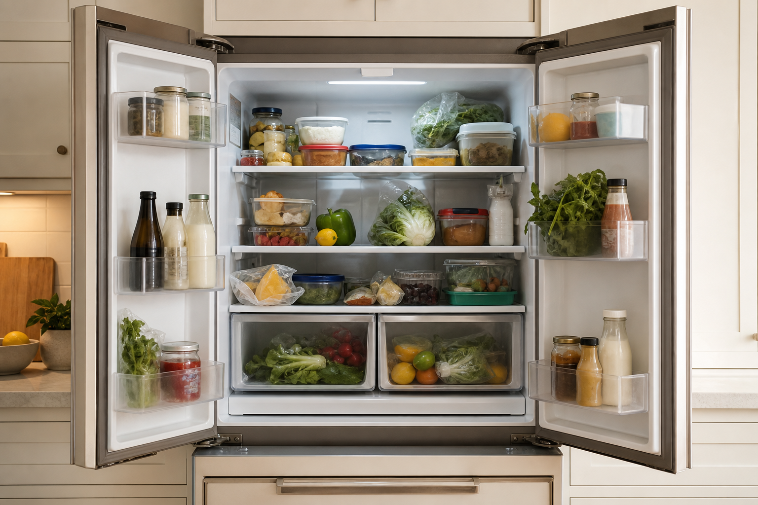 The same refrigerator before organizing, with mixed containers and loose produce