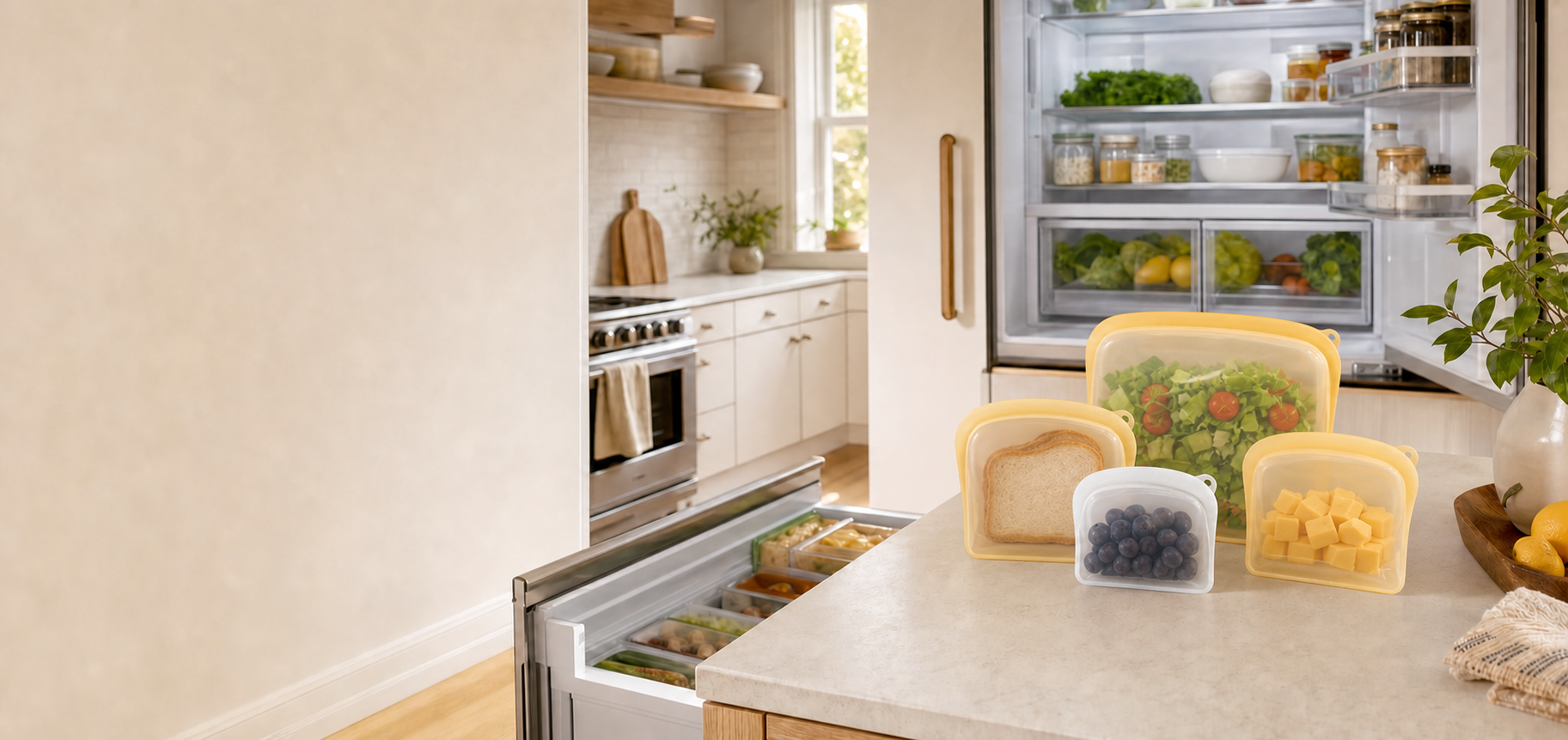 An organized warm-toned kitchen with four authentic Orbint storage bags beside an open refrigerator